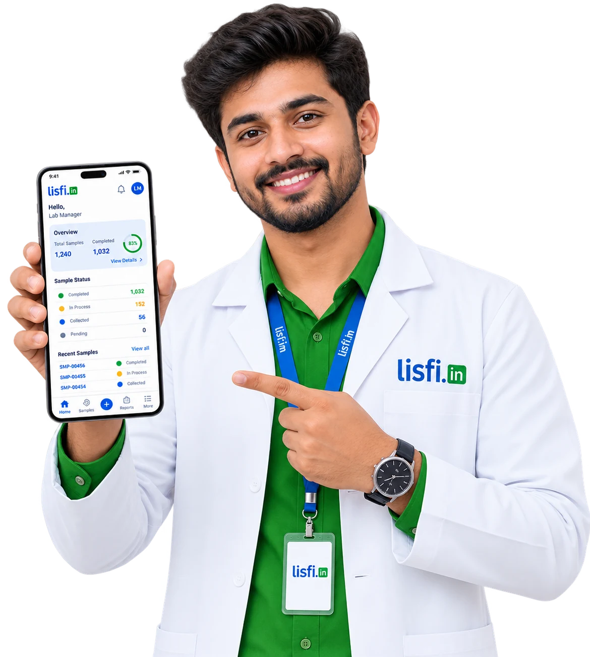 Laboratory owner reviewing lab performance in the Lisfi cloud LIMS mobile app