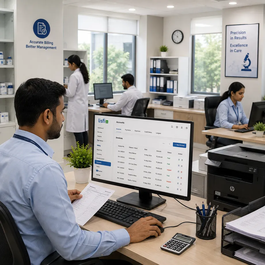 Laboratory billing desk running Lisfi cloud LIMS