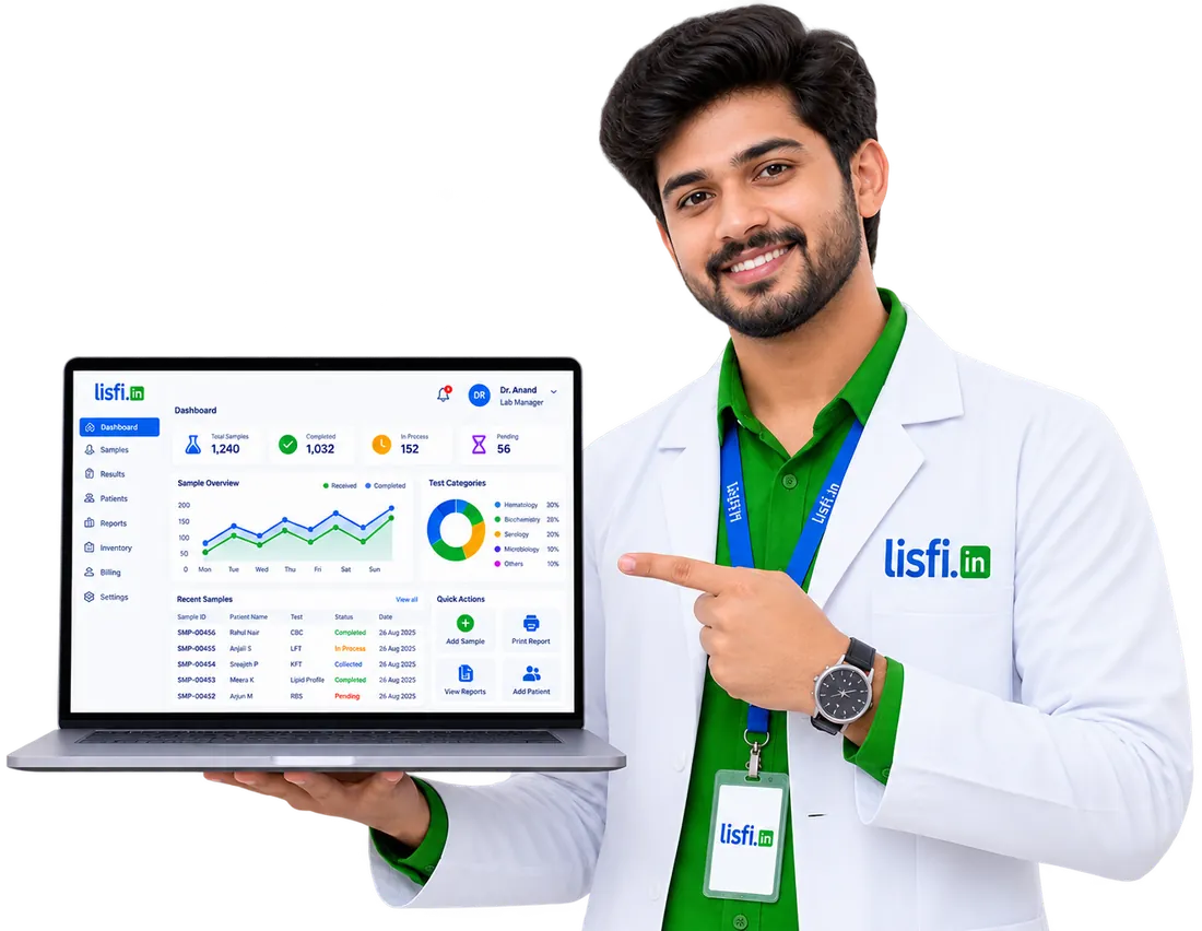 Lisfi cloud LIMS dashboard open on a laptop