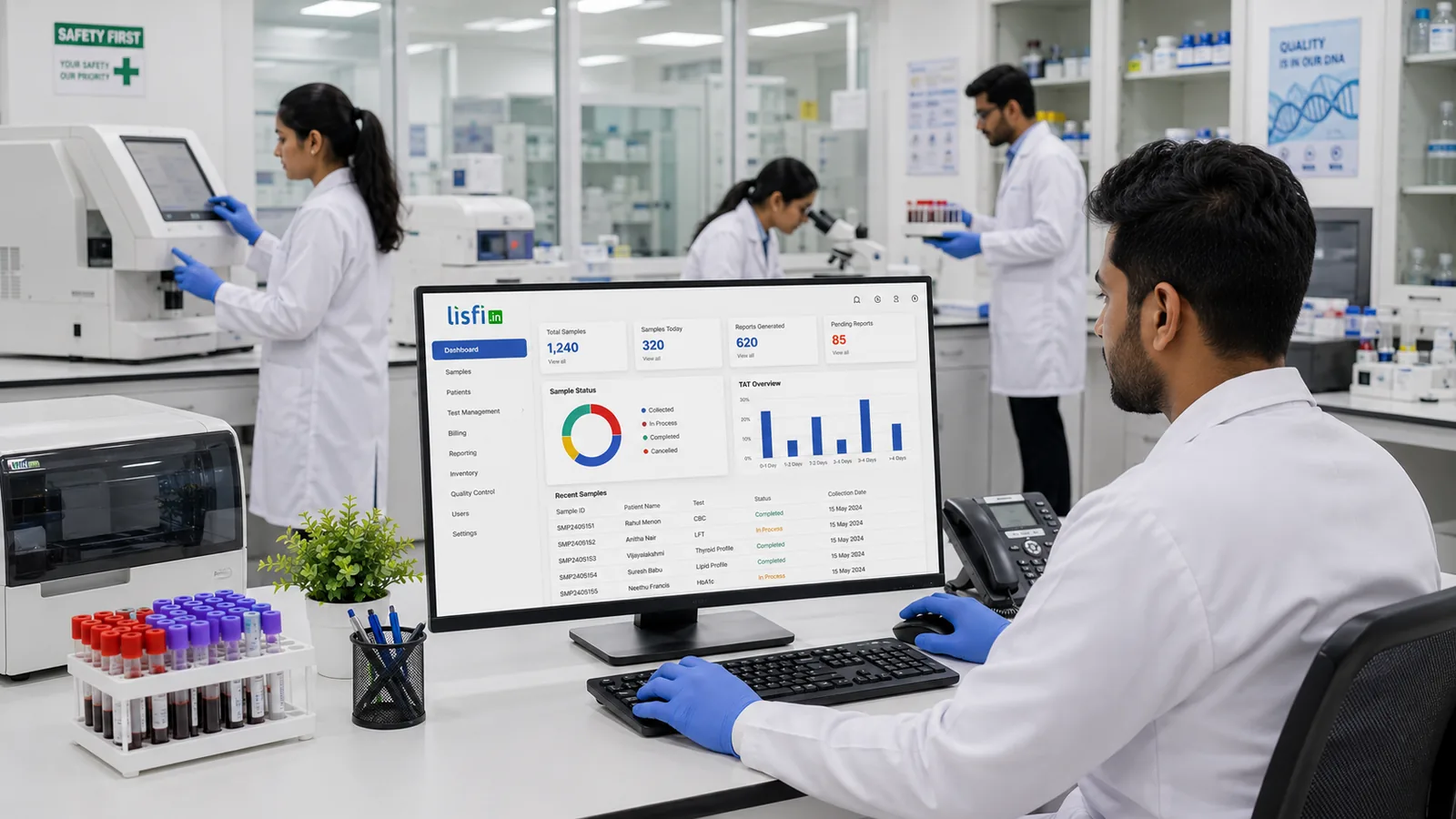 A multi-branch laboratory team working in the Lisfi cloud LIMS dashboard