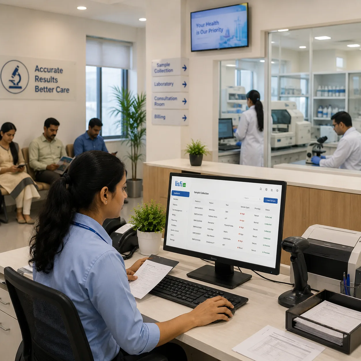 Front-desk staff registering a patient in Lisfi at a diagnostic laboratory reception